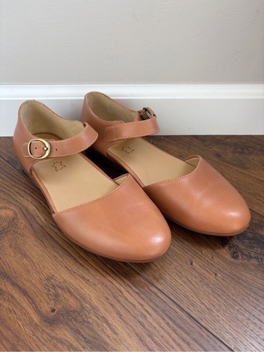 Dansko Leather Mary Jane Flats in Cognac Tan with Ankle Strap